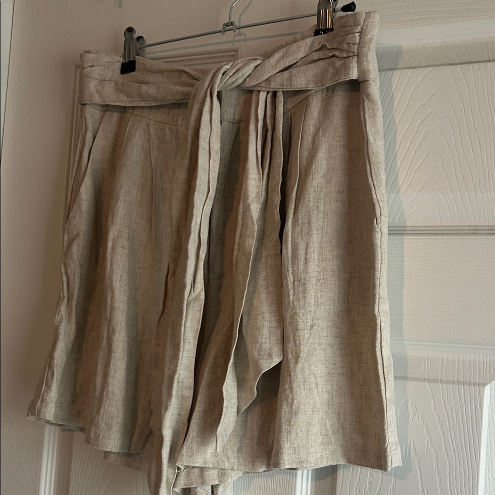 Women's Tan Linen Shorts with Tie Waist - Picture 1 of 11